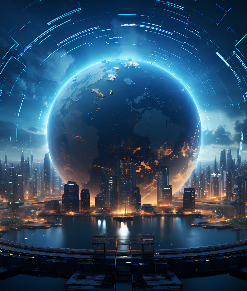 Network of lines and dots surrounding the Earth, representing global connectivity and communication