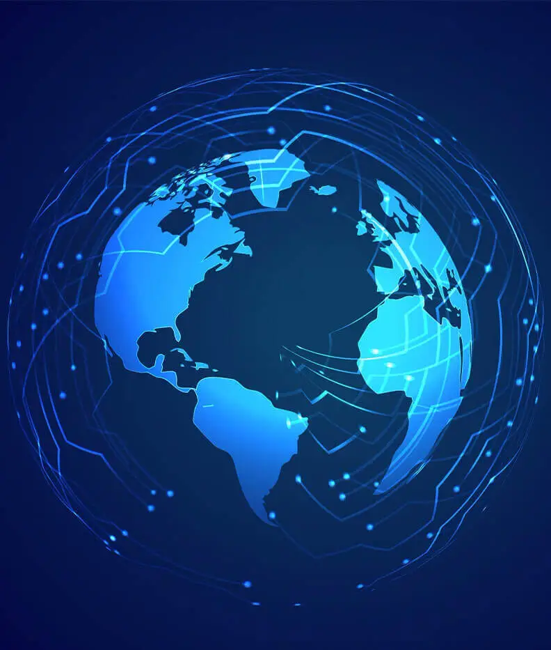 Network of lines and dots surrounding the Earth, representing global connectivity and communication